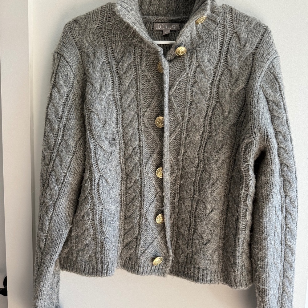 J.Crew Grey Cableknit Cardigan with Gold Buttons